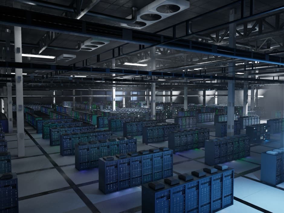 Rows of server racks inside an enterprise data centre hall